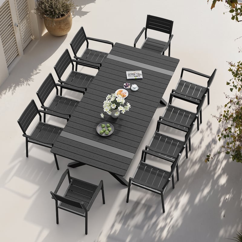 Pellebant 11PC Aluminum X Frame Outdoor Patio Dining Set Table with Stackable Armchairs