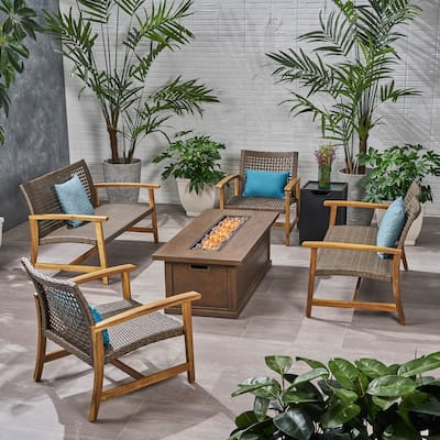 Breakwater Outdoor 6 Piece Wood and Wicker Chat Set with Fire Pit by Christopher Knight Home