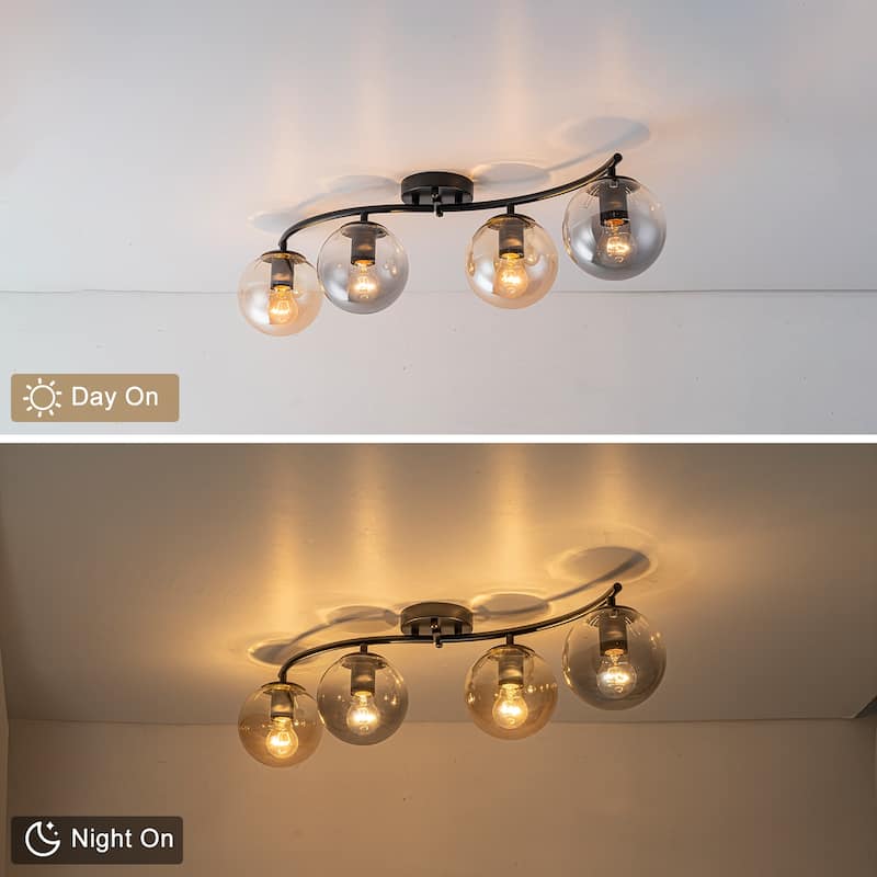 4 Lights Linear Metal Flush Mount Ceiling Light with Smoky and Amber Glass Globes - Dia.31.89-in