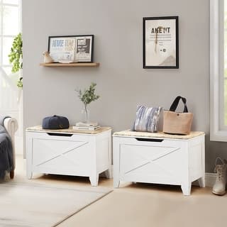 2 Pieces Storage Wooden Ottoman Flip Top Ottoman Bench Set with Hand Weave Poufs Padded Bed End Stool Set Foot Rest Set