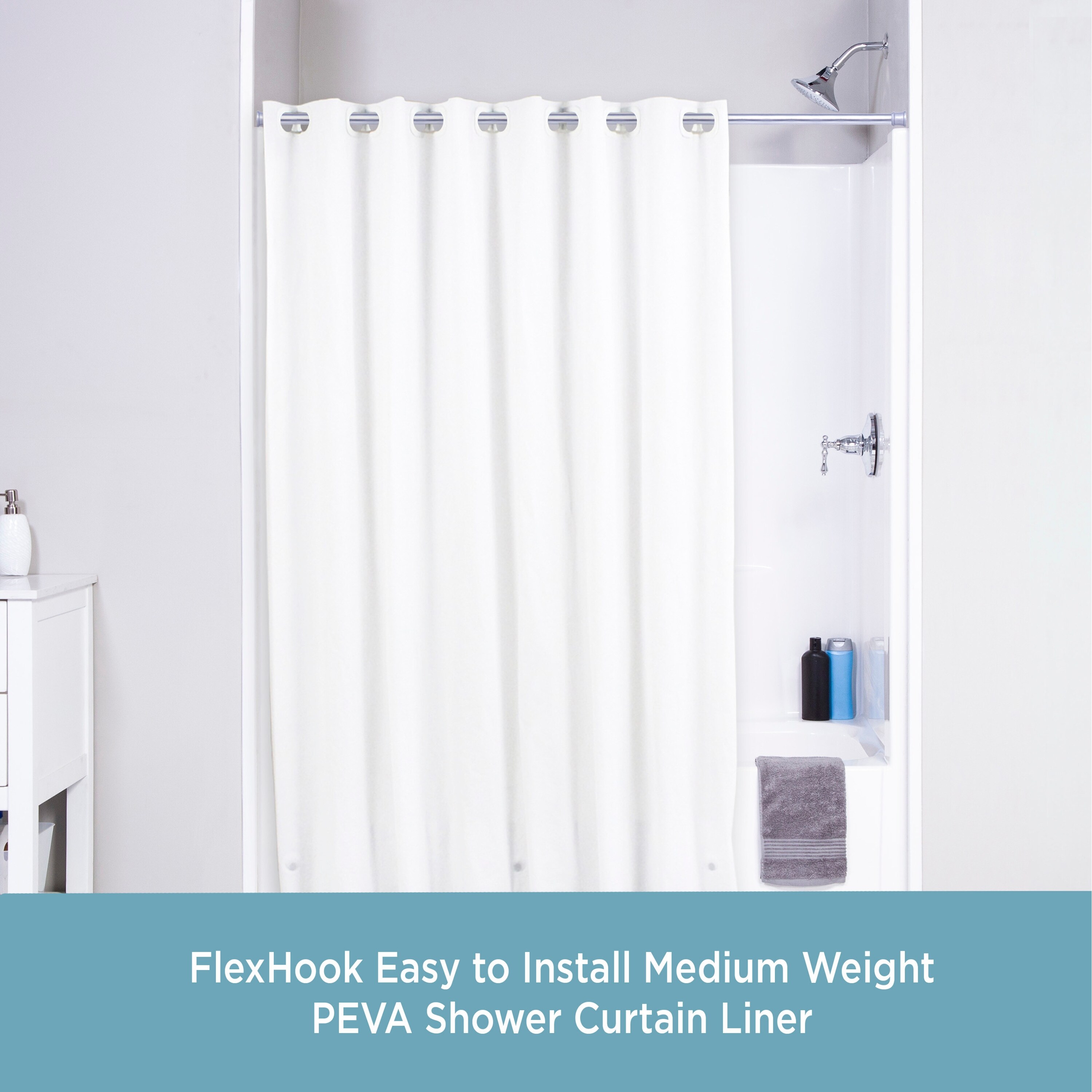 Kenney FlexHook Medium Weight PEVA Shower Curtain Liner, 71 W x 74 H - Clear - White