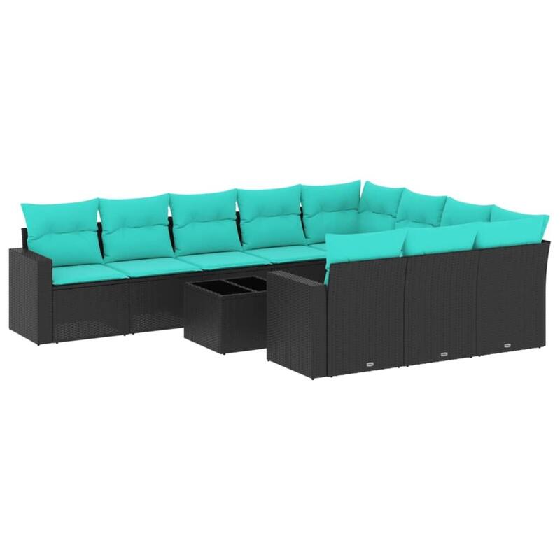vidaXL 11 Piece Patio Sofa Set with Cushions Black Poly Rattan - 24.4" x 24.4" x 27.2"