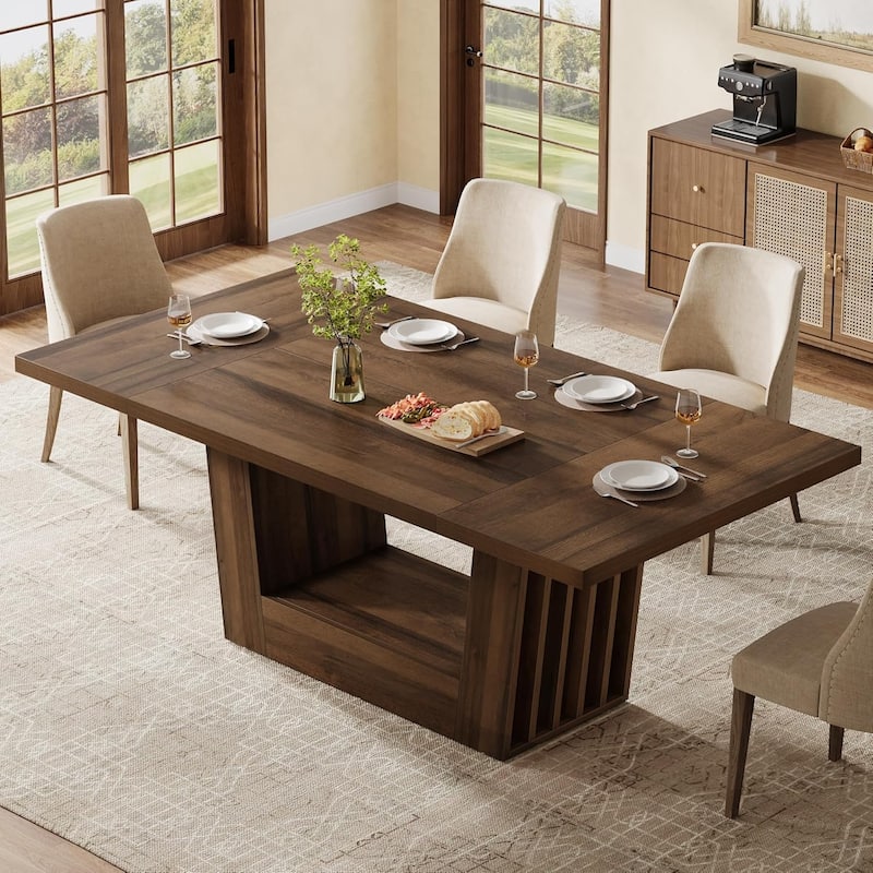 63 Inches Dining Room Table, Farmhouse Kitchen Dinner Table with Heavy-Duty Base