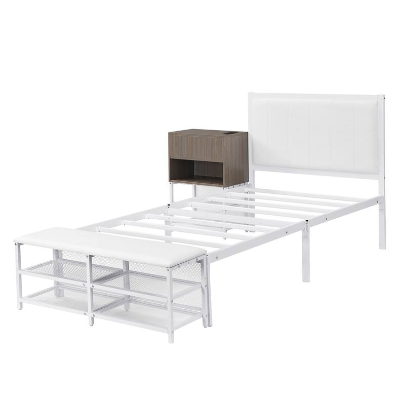 Metal Platform Bed with Two-Tier Storage Shelves, Wooden Storage Cabinet