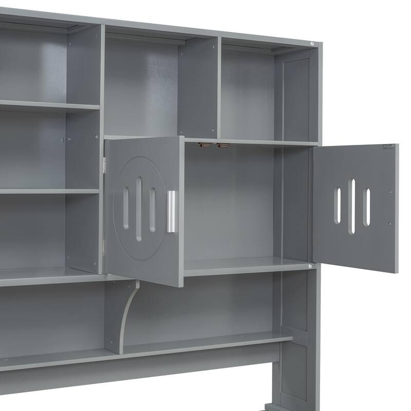 Full Size Storage Daybed with Dual Drawers, Built-in Cabinet & Shelving Unit, Solid Wood Frame