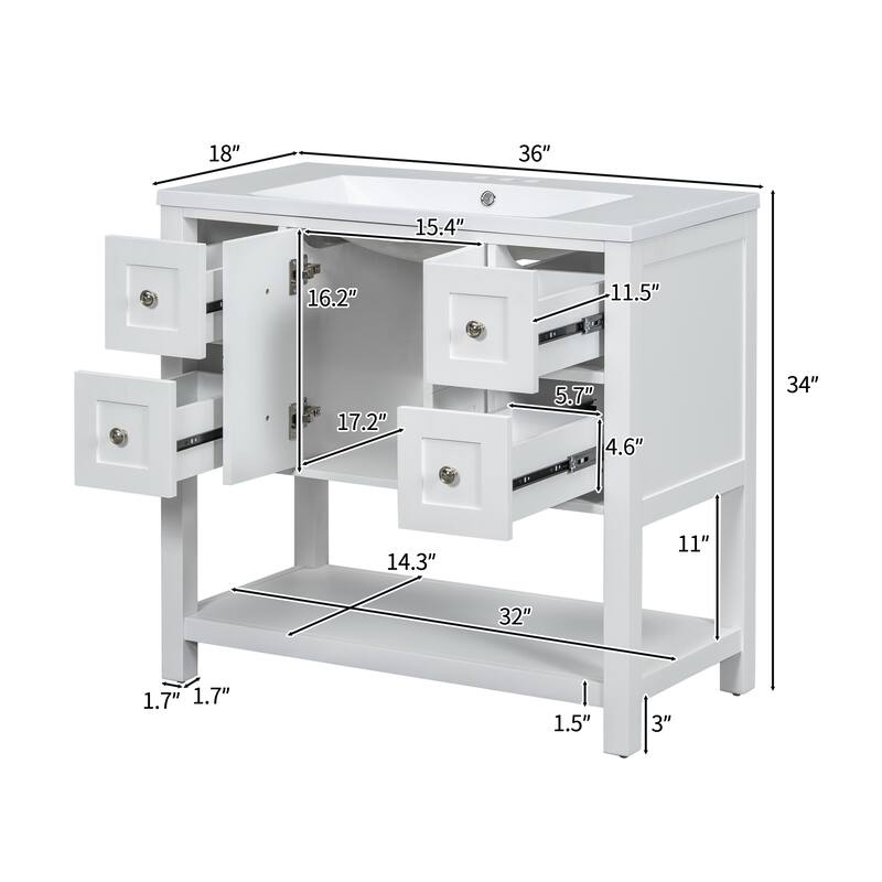36'' Bathroom Vanity with Resin Sink Top, Free Standing Bathroom Storage Cabinet w/ 4 Drawers, 2 Soft Closing Doors & Open Shelf