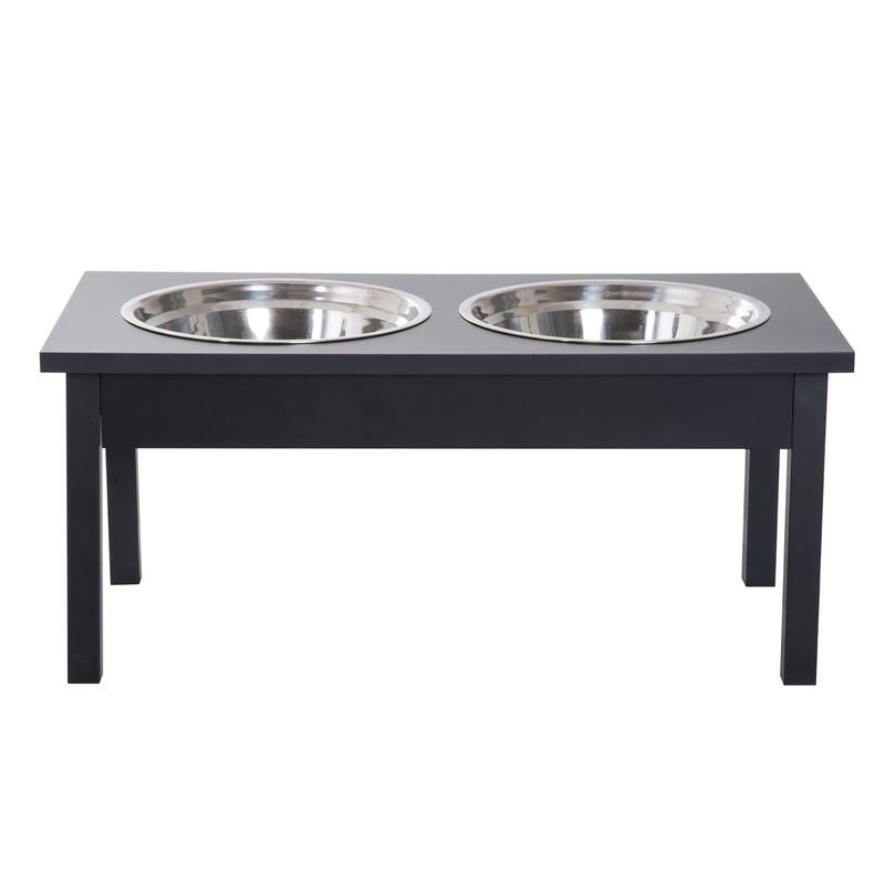 PawHut 23" Wooden Heavy Duty Dog Food Bowls Pet Elevated Feeding Station -Black - Black