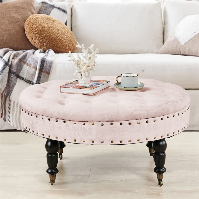 Round Velvet Tufted Coffee Table Ottoman, 34" x 34" x 17" H