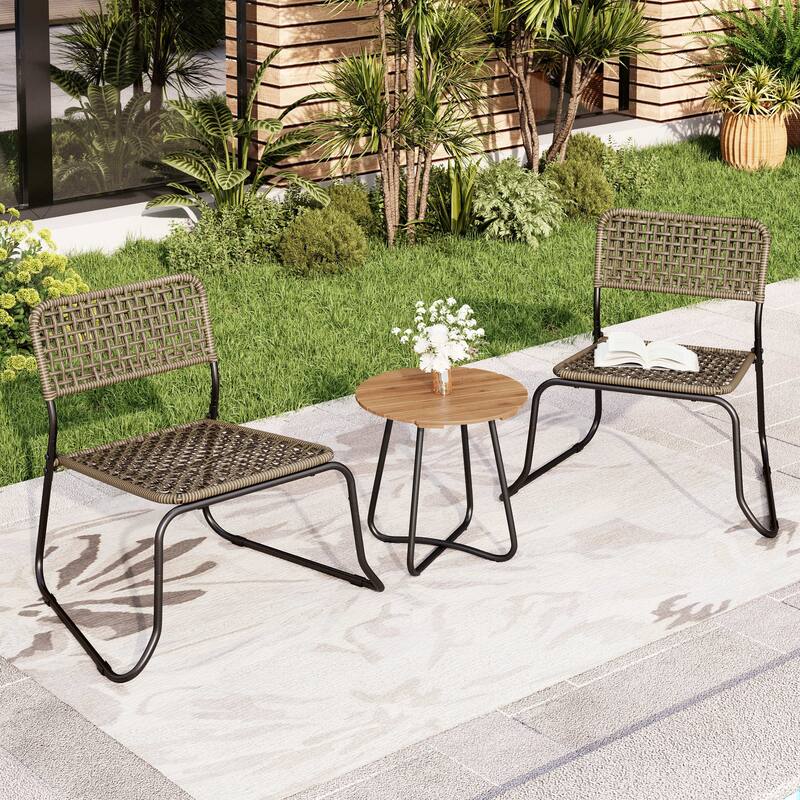 3-Piece Outdoor Wicker Bistro Set Rattan Furniture set with Stackable Chairs and Side Table - Beige