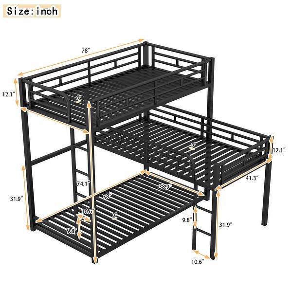 L-Shaped Triple Twin Metal Bunk Bed with Guardrails and Ladder, Black
