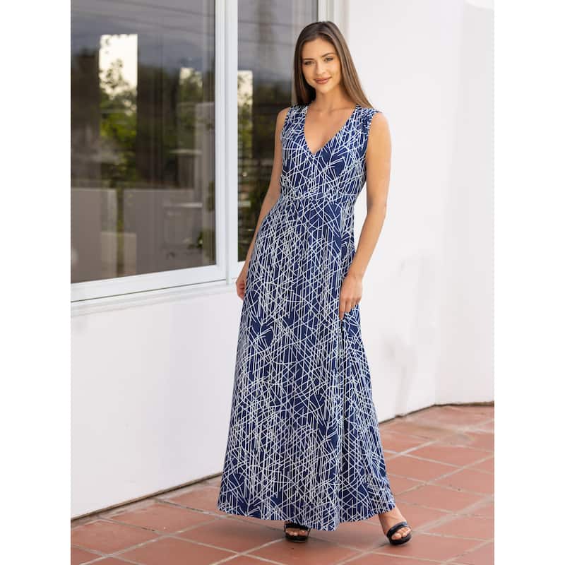 24seven Comfort Apparel Womens Navy Abstract Print V Neck Empire Waist Sleeveless Maxi Dress