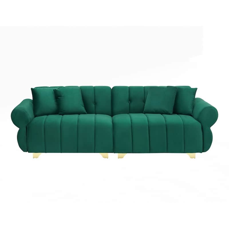 spring-wrapped Sofa cushions with stylish metal feet and 4 throw pillows