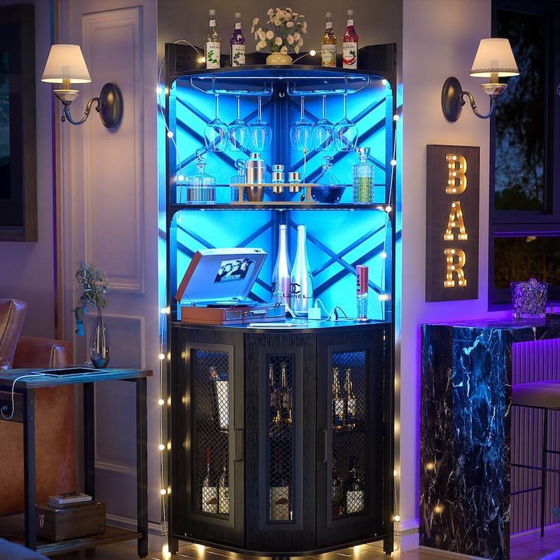 Corner Bar Cabinet with Charging Station and Ambiance Light, Liquor Display Storage Shelves with Glass Holder - Brown