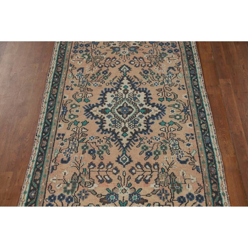 Hand Knotted Oriental 100% Wool Carpet Traditional Geometric Peach Hamedan Runner Rug - 10' 2'' X 3' 4''