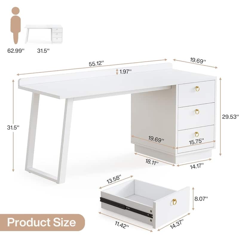 55 Inches White Makeup Vanity Desk with 3 Drawers