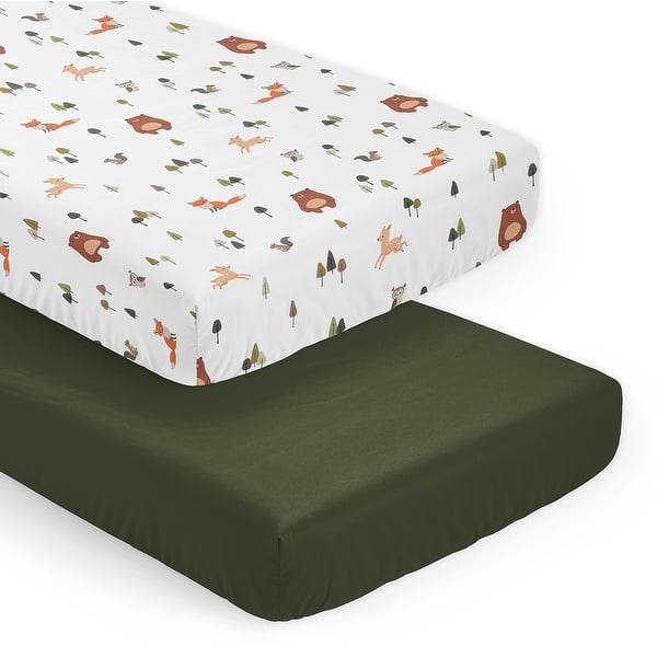 slide 2 of 6, Sweet Jojo Designs Woodland Animals Boy, Girl, Unisex/Gender Neutral 2 Pack Fitted Crib Sheets - Solid Green and Forest Friends