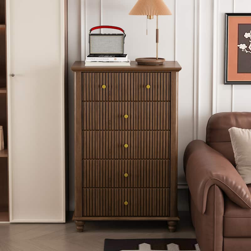 Fluted 5 Drawer Dresser, 45 Inch Tall Modern Chest of Drawers, Bedroom Dresser with Metal Handle, Wooden Drawer Organizer