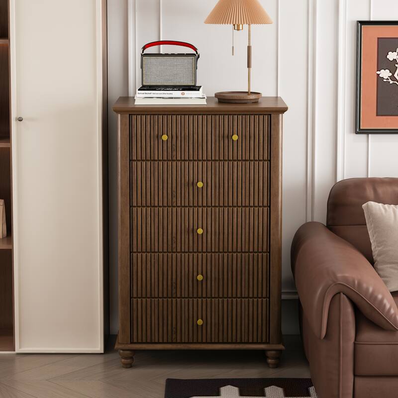 GDFStudio - Ava 45" Tall 5-Drawer Dresser with Fluted Detail and Wooden Base