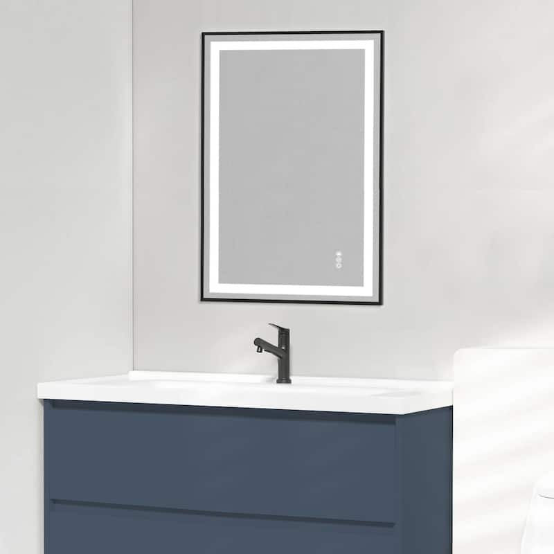 Topcraft Black Framed Tempered Glass Mirror with Dual LED Strip Lighting