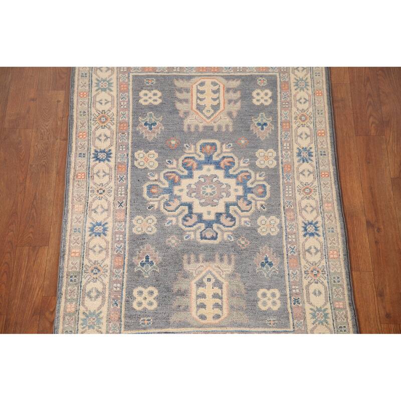 Geometric Gray Kazak Accent Rug Wool Carpet - 2'7" x 4'1"