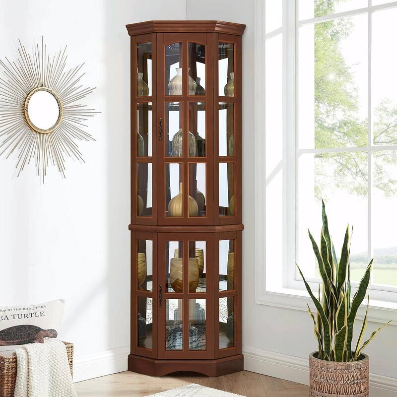 Corner Curio Cabinet with 5 Shelves and Built-in Lighting - Walnut
