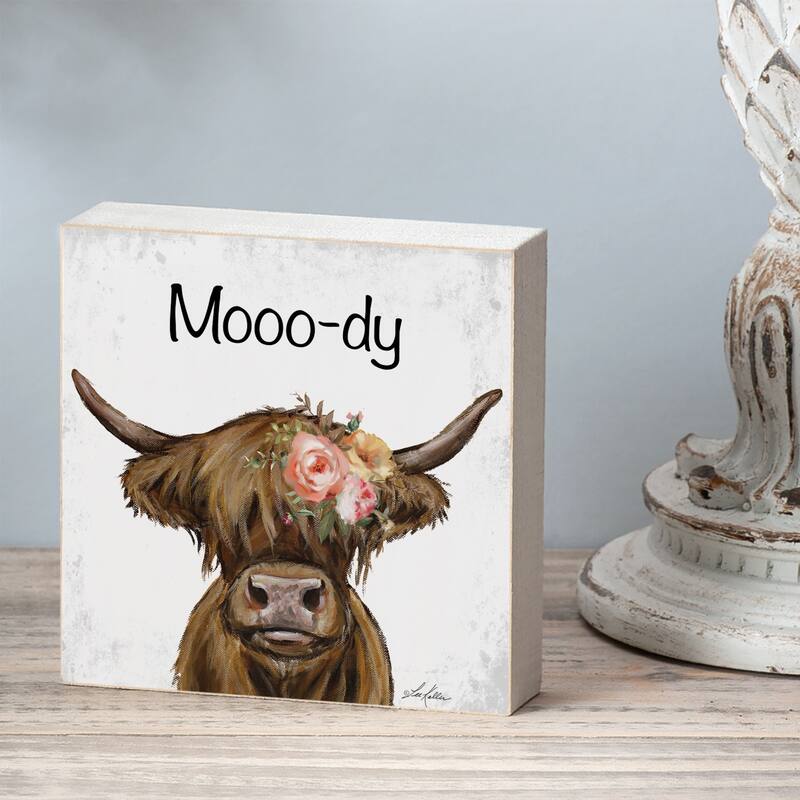 Mooo-dy Artistic Freestanding Solid Wood Block Sign Made in the USA 3.75” Square Decorative Accent for Home or Office - Multi