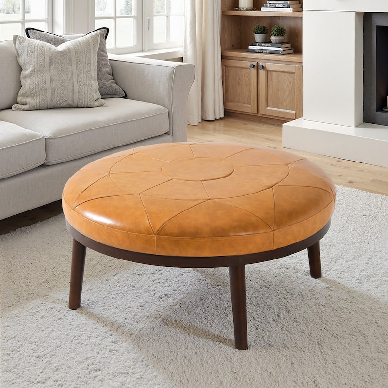 UIXE Full Grain Genuine Italian Leather Round Ottoman Modern Oversize Side Tble