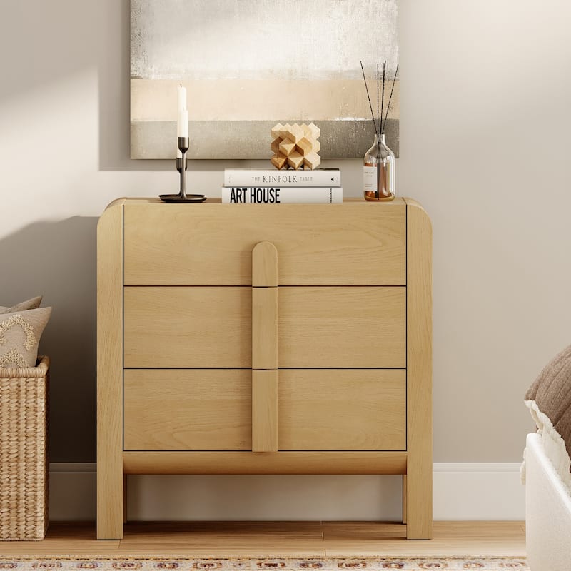 WAMPAT Modern Wood Nightstand With 3 Drawers ,31.5" Large Mid-Century End Table,Curved Bedside Table Storage Cabinet For Bedroom - Oak - 3-drawer