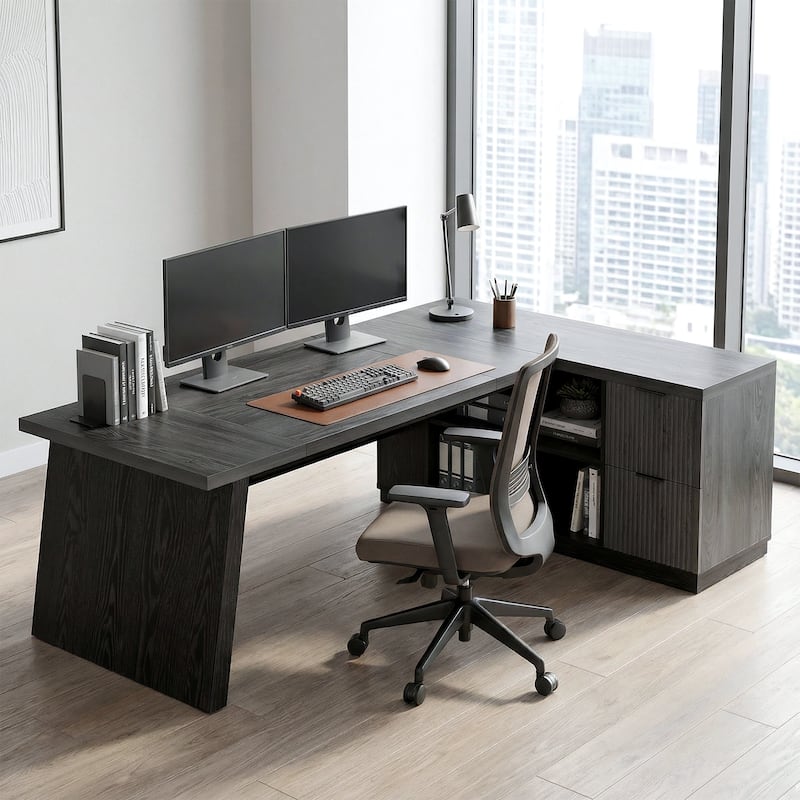 78" L-Shaped Executive Desk with File Cabinet & Shelves, Home Office