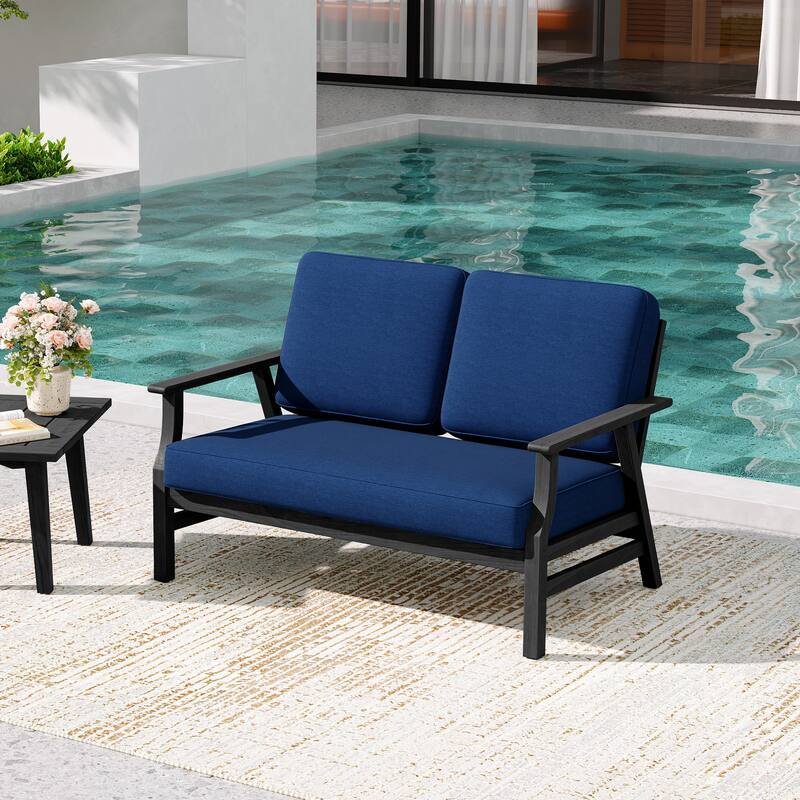 Teak Frame Outdoor Loveseat Daybed with Water-Resistant Cushions.