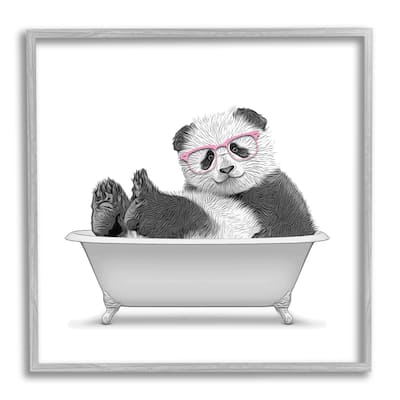 Stupell Quirky Panda Bathtub Pink Glasses Minimal Design Framed Wall Art - Grey