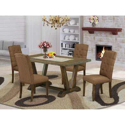 HomeStock 5-Piece Rectangle Distressed Jacobean Finish Solid Wood Top Dining Table with 4 Upholstered-Chairs with Lattice Back