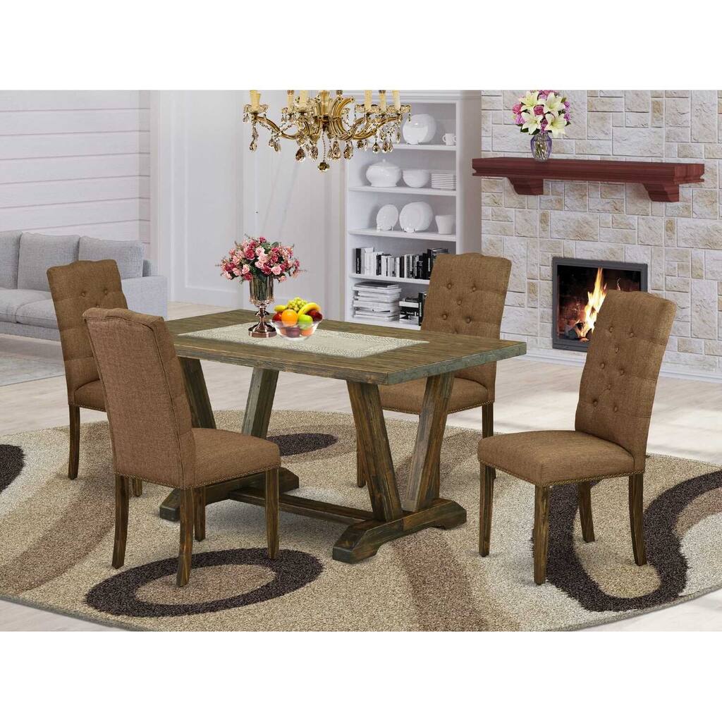 HomeStock 5-Piece Rectangle Distressed Jacobean Finish Solid Wood Top Dining Table with 4 Upholstered-Chairs with Lattice Back