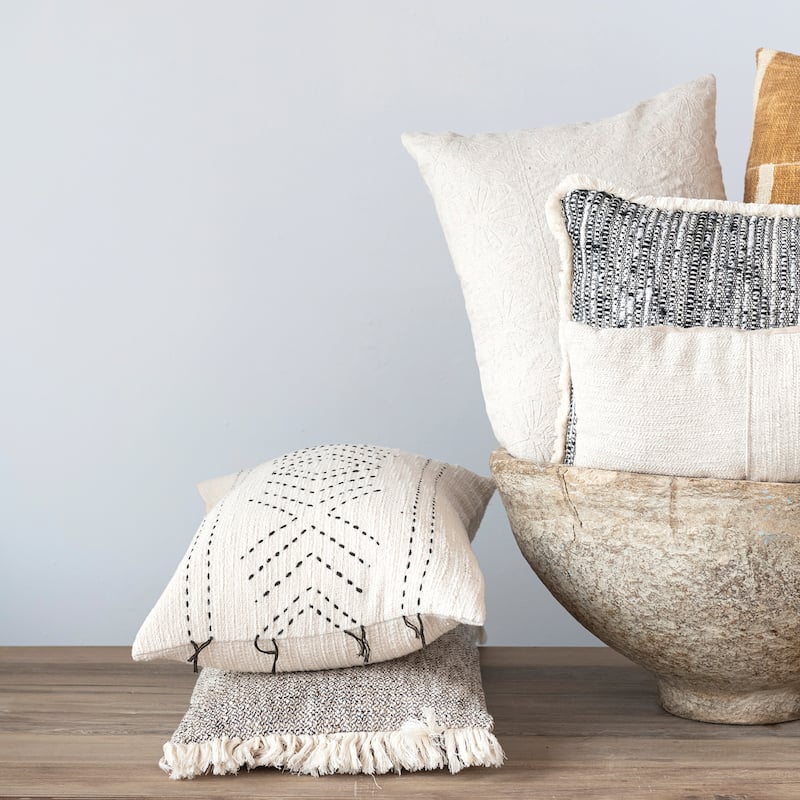 Hand-Embroidered Cotton Lumbar Pillow with Kantha Stitch