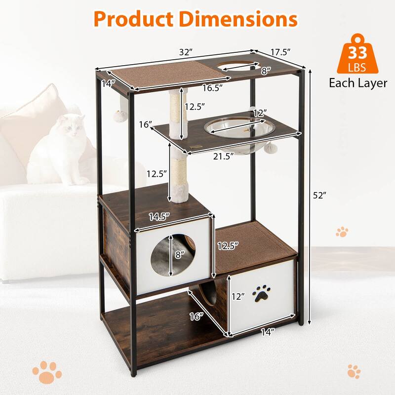 Costway 52" Tall Wooden Cat Tree with Metal Frame 2 Condos Sisal - as pic shows - See Details