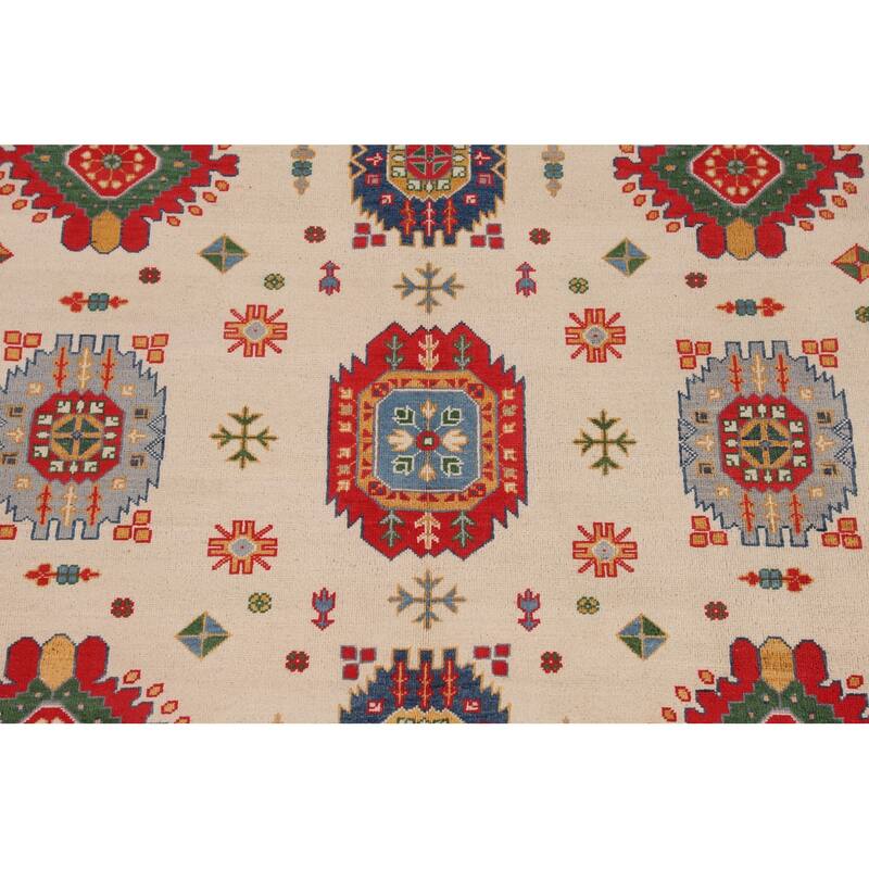 Geometric Beige / Ivory Kazak Area Rug Handmade Wool Carpet - 6'7" x 9'7"
