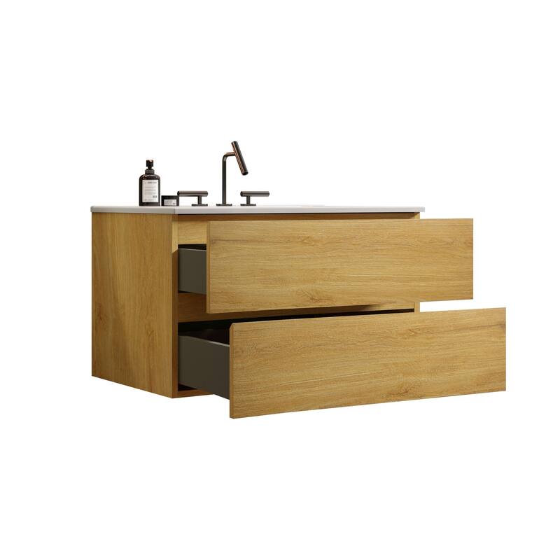 GDFStudio - Coralie Modern Floating Bathroom Vanity with Integrated Ceramic Sink and Soft-Close Storage