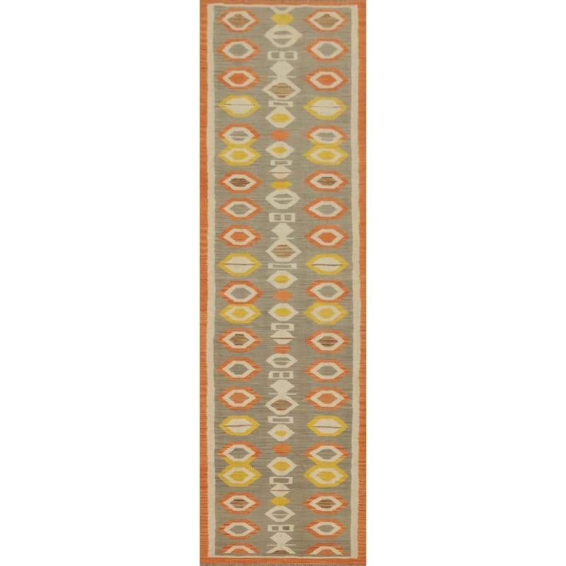 Hand Woven Oriental 100% Wool Carpet Southwestern Tribal Greys & Charcoal Kilim Runner Rug - 11' 6'' X 2' 8''
