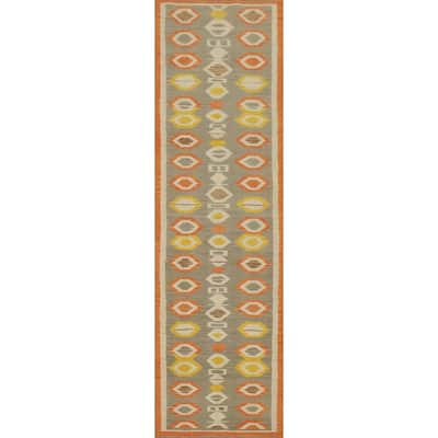 Hand Woven Oriental 100% Wool Carpet Southwestern Tribal Greys & Charcoal Kilim Runner Rug - 11' 6'' X 2' 8''