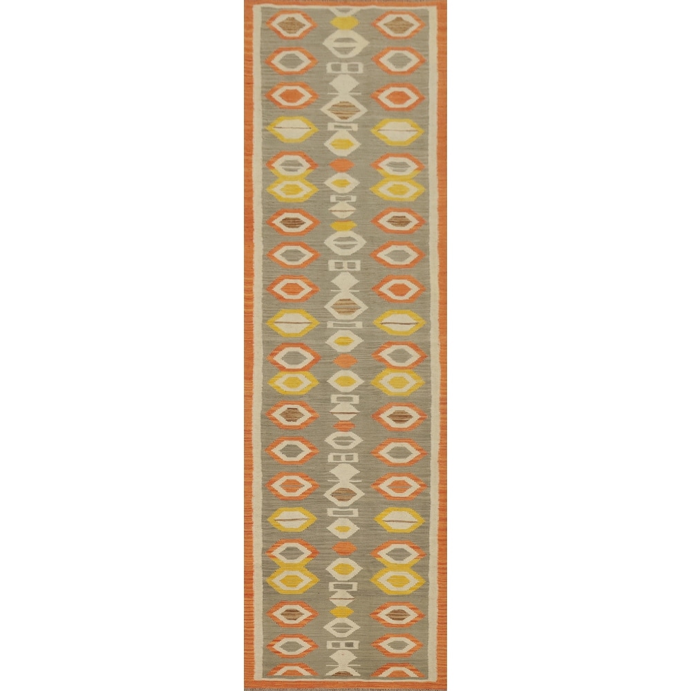 Hand Woven Oriental 100% Wool Carpet Southwestern Tribal Greys & Charcoal Kilim Runner Rug - 11' 6'' X 2' 8''