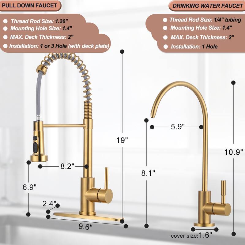 WOWOW Three Function Pull Down Kitchen Faucet with Drinking Water Faucet
