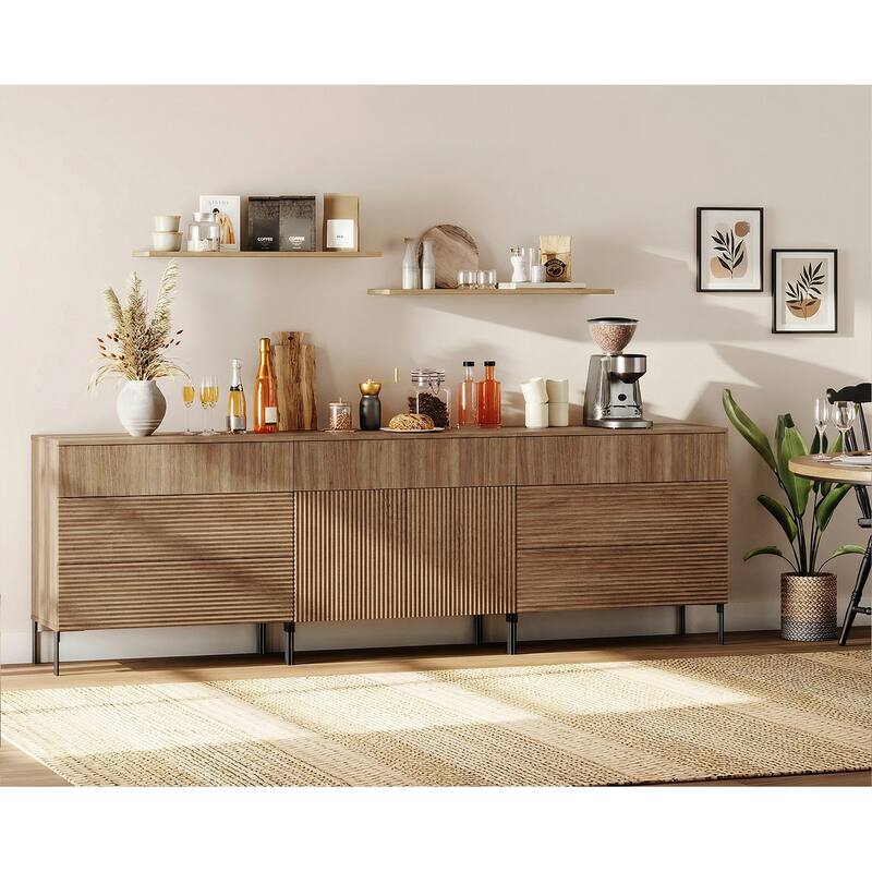 94.5" Modern Reeded Minimalist Sideboard With Drawers And Doors, 3-In-1 Wooden Credenza