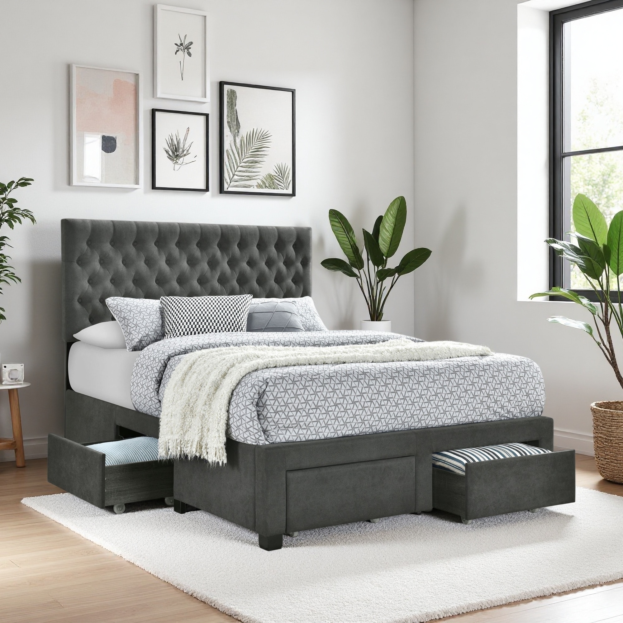 Queen Size Upholstered Storage Panel Bed with 4 Drawers, and Button Tufted Headboard