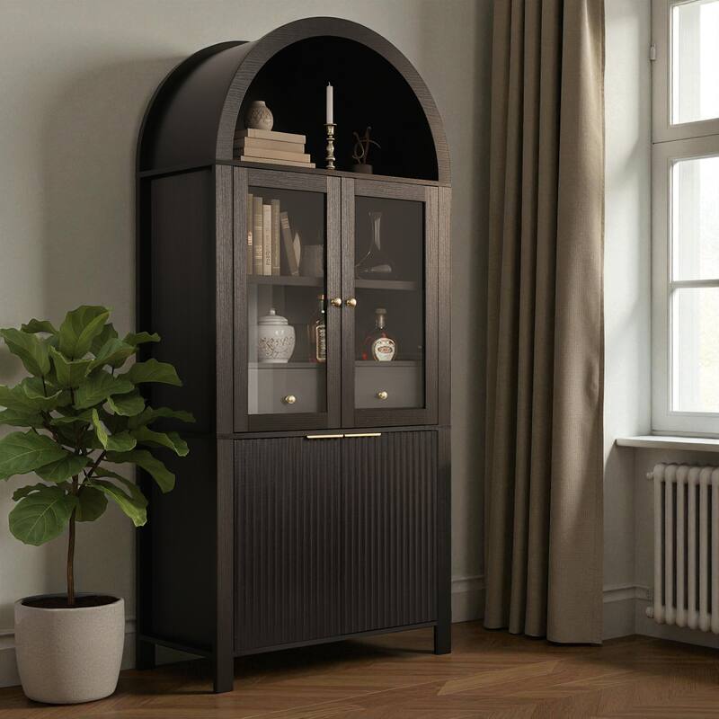 71" Tall Fluted Pantry Cabinet with Glass Doors, Adjustable Shelves and Hidden Drawer for Kitchen or Dining Room