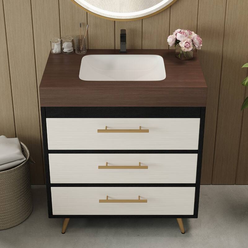 GDFStudio - Athens Modern 29.9" Freestanding Bathroom Vanity with Sintered Stone Top, Ceramic Vessel Sink & Stainless Steel Legs