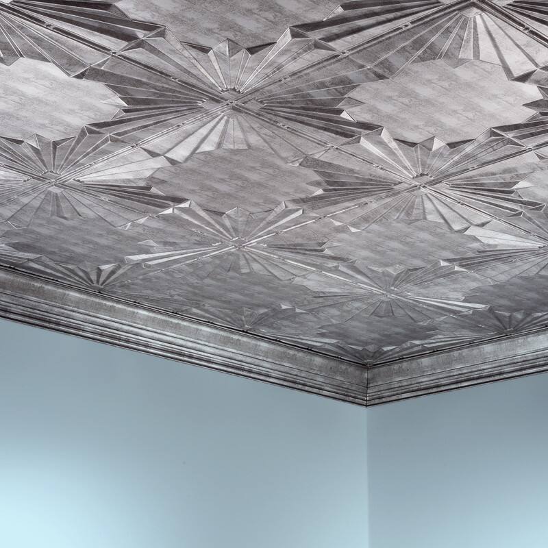 FASÄDE Art Deco Decorative Vinyl 2ft x 4ft Glue Up Ceiling Panel in Crosshatch Silver (5 Pack)