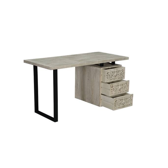 HomeRoots 54" White and Black Solid Wood and Metal Carved Floral Desk With Three Drawers
