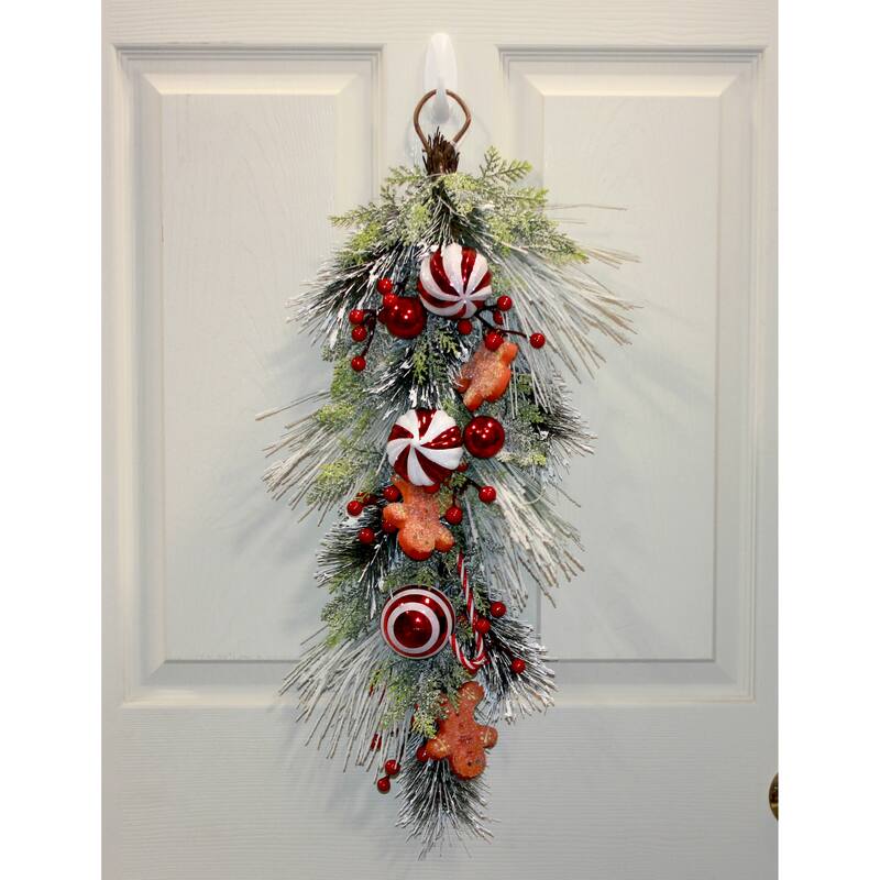 28" Snowy Christmas Artificial Pine Berry Ball Floral Teardrop With Gingerbread Men - 28