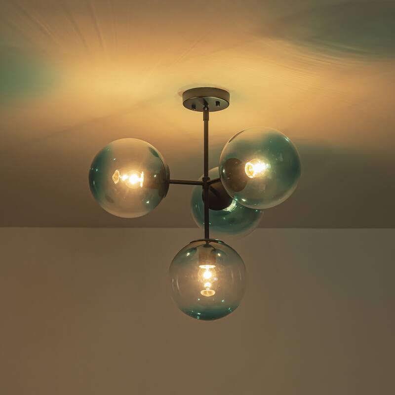 4-Light Modern Tiered Linear Sputnik Pendant Light in Brushed Gold/Black with Gradient Blue Glass Globes