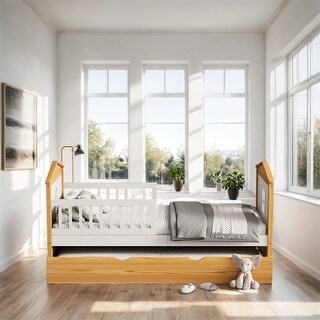 Twin Size Wood House Bed with Trundle and Fence Guardrails